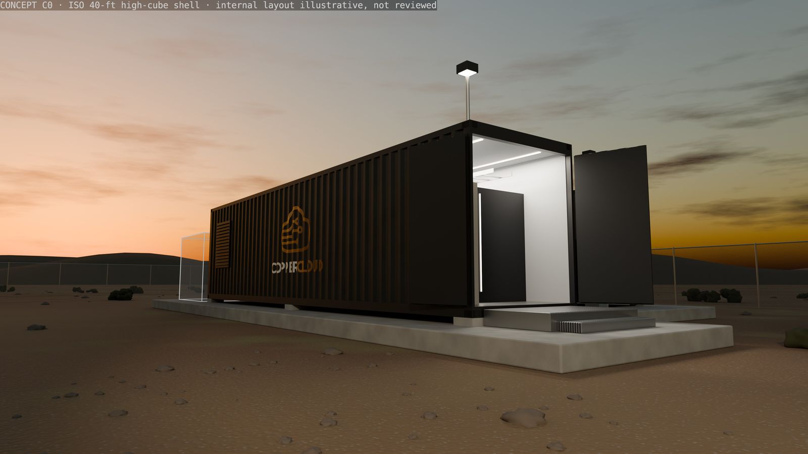Concept render C0: a dark 40-foot high-cube container carrying the CopperCloud mark, doors open onto a lit interior, on a concrete pad at dusk. The caption burned into the image reads: Concept C0, ISO 40-ft high-cube shell, internal layout illustrative, not reviewed.